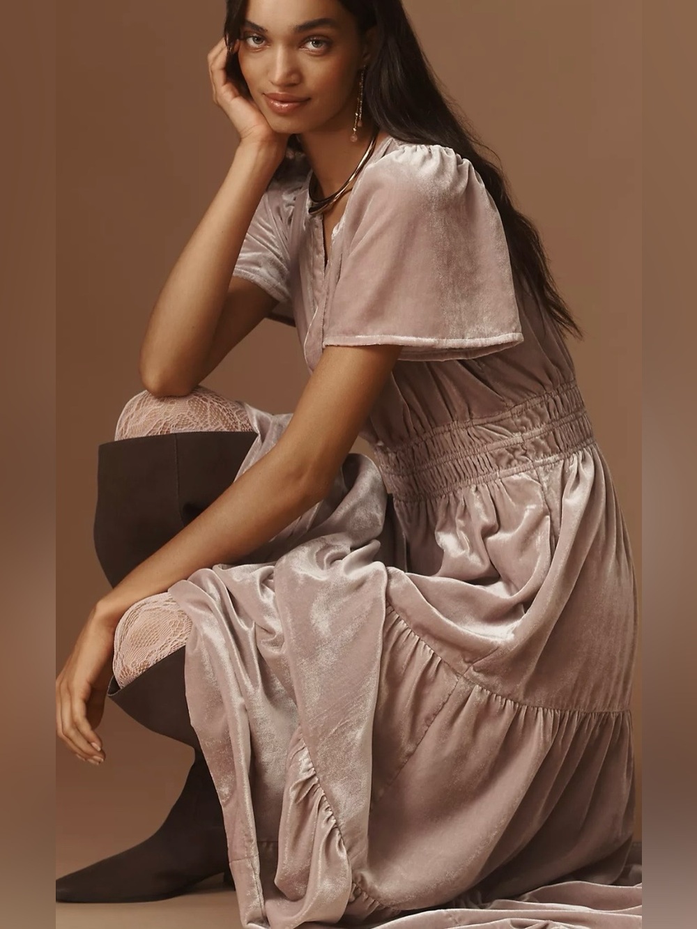 Anthropologie Somerset Velvet Maxi Dress Dusty Rose XLP Petite Boho Holiday Dres